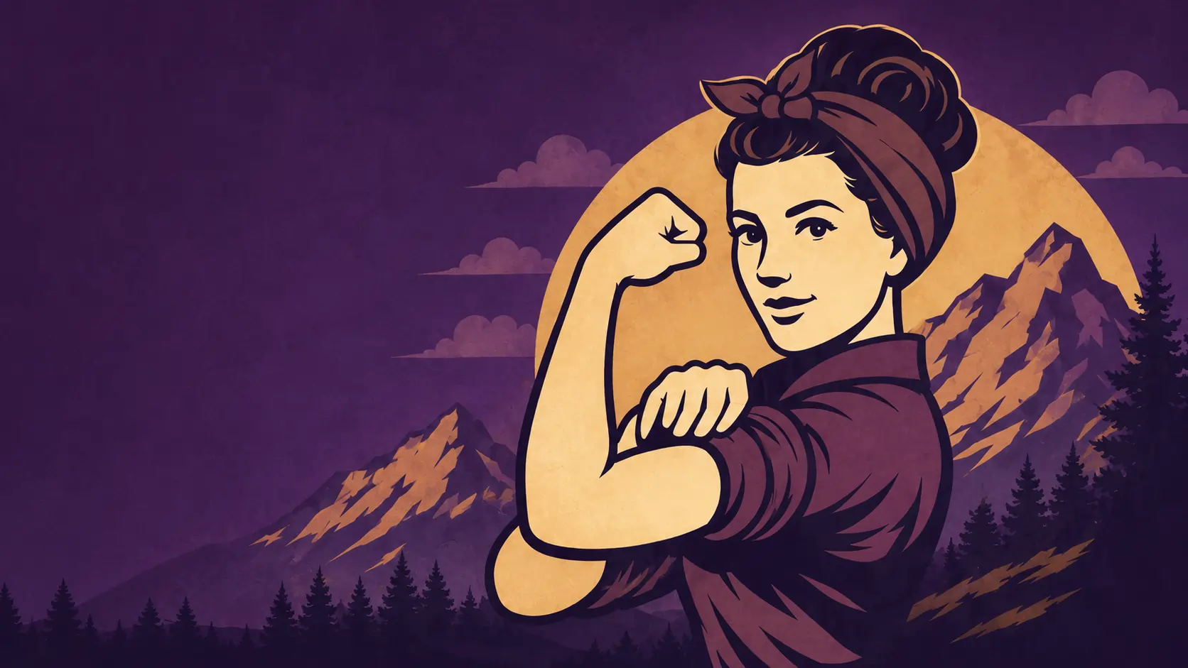 Tidy & Tough’s mascot, a woman in a headscarf flexing her arm in front of Wyoming mountains